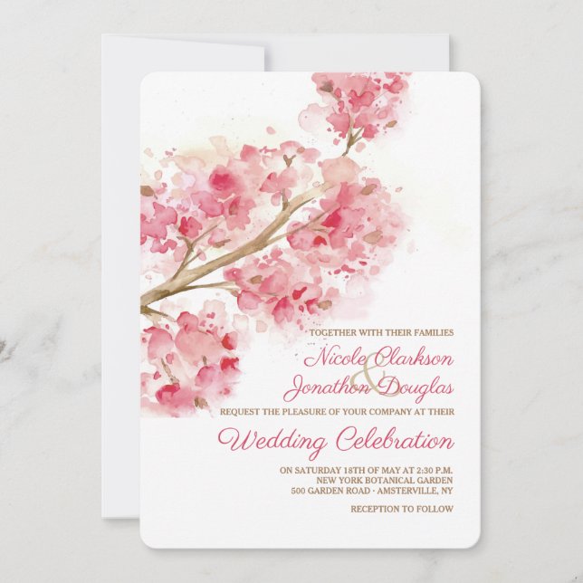 Watercolor Cherry Blossoms Wedding Invitation (Front)