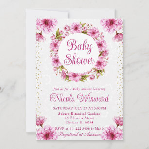 Watercolor Cherry Blossoms Wreath Baby Shower Invitation