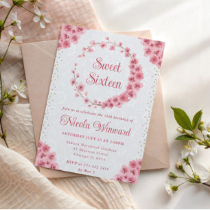 Watercolor Cherry Blossoms Wreath Sweet 16 Invitation