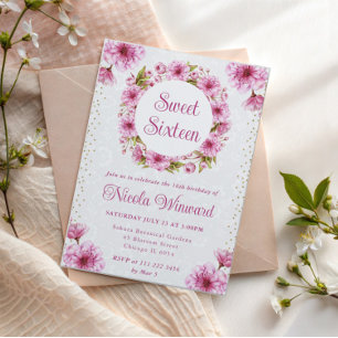Watercolor Cherry Blossoms Wreath Sweet 16 Invitation