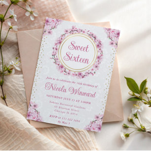 Watercolor Cherry Blossoms Wreath Sweet 16 Invitation