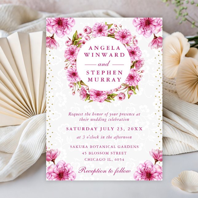Watercolor Cherry Blossoms Wreath Wedding Invitation (Creator Uploaded)