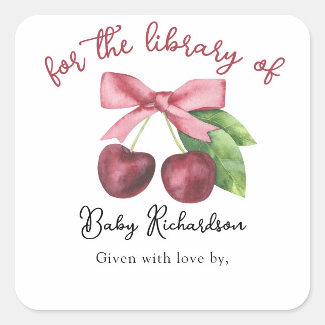 Watercolor cherry bow Baby Shower bookplate Square Sticker (Front)