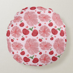 Watercolor Cherry Floral Pattern, Cute Cherries Round Cushion