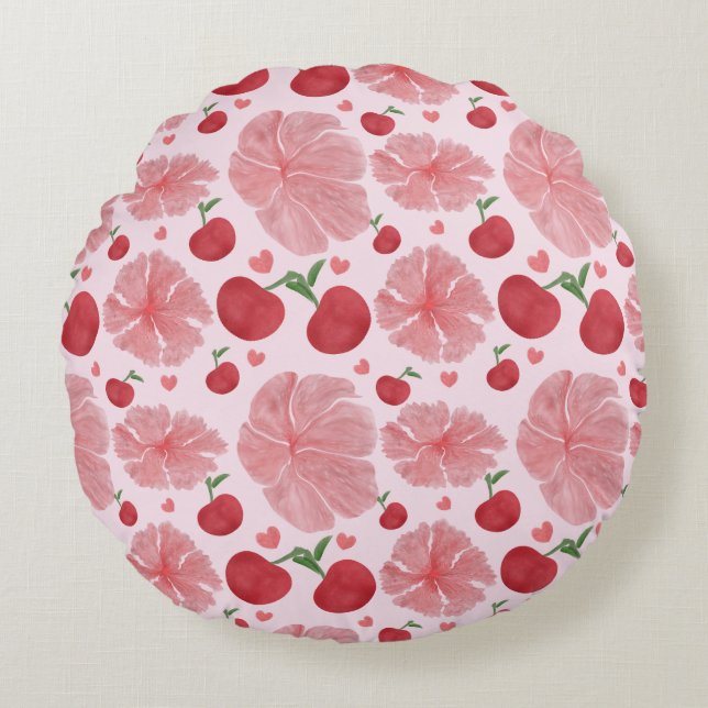 Watercolor Cherry Floral Pattern, Cute Cherries  Round Cushion (Front)