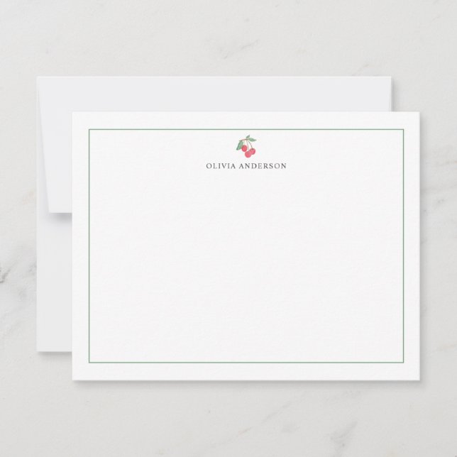 Watercolor Cherry Green Border Personalized Card (Front)