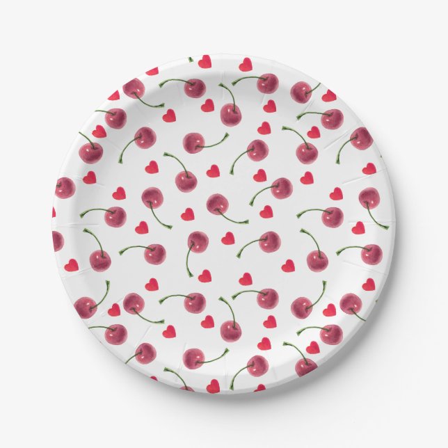 Watercolor Cherry Heart Paper Plate (Front)