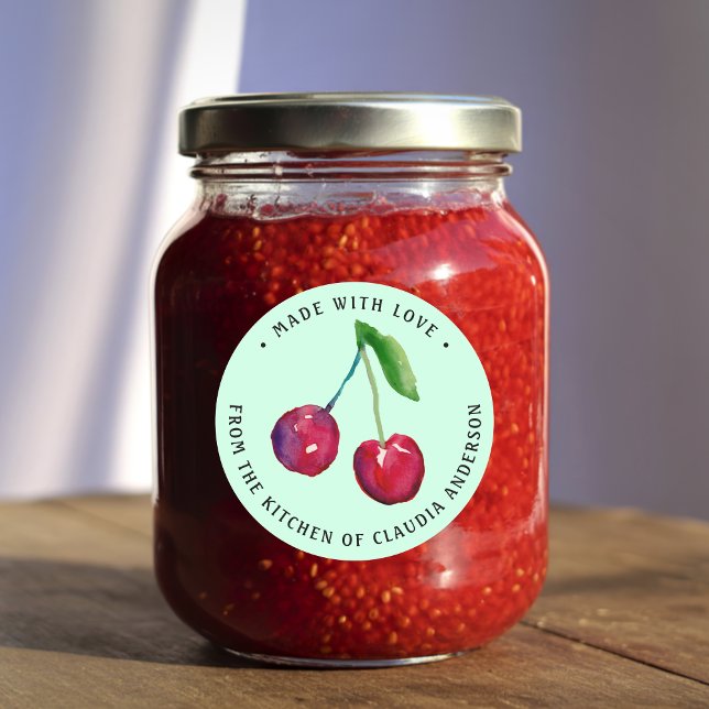 Watercolor Cherry Made With Love Rustic Jam Label (This cute cherry label on a lime creme background features my own original watercolor artwork.)