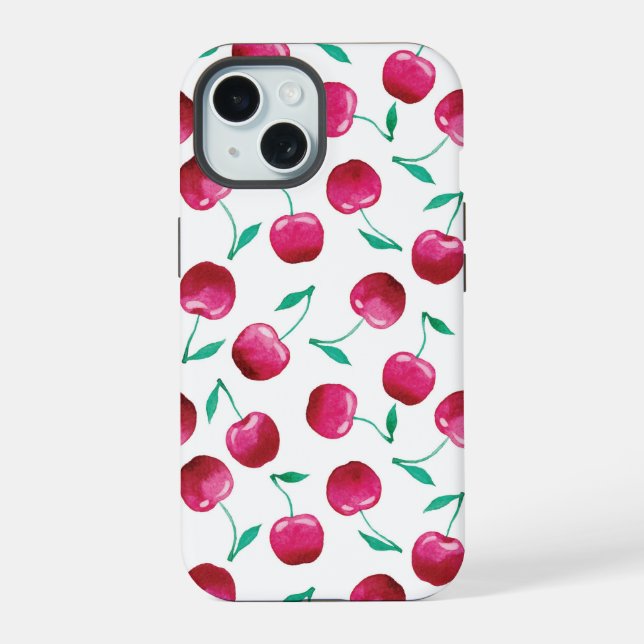 Watercolor Cherry Pattern iPhone 15 Case (Back)