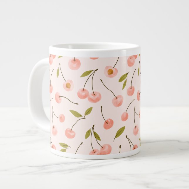 Watercolor Cherry Pattern Large Coffee Mug (Front Left)