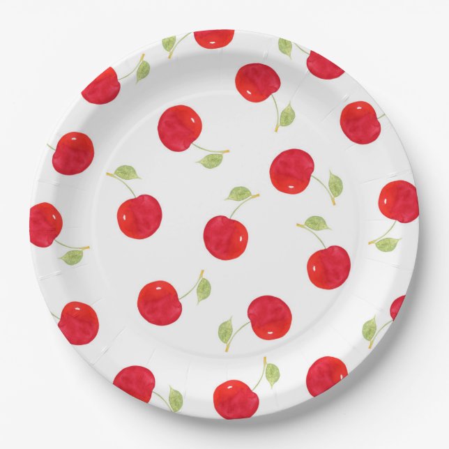 Watercolor Cherry Pattern Paper Plate (Front)