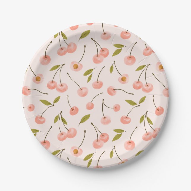 Watercolor Cherry Pattern Paper Plate (Front)