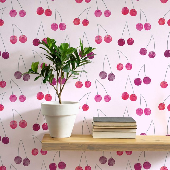 Watercolor Cherry Pattern Pink Wallpaper (Sweet watercolor cherry pattern art wallpaper in pink )
