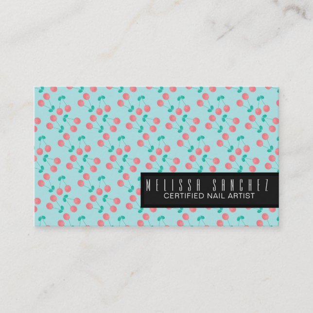 Watercolor Cherry Pattern Salon Beauty Business Card (Front)