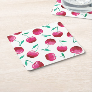 Watercolor Cherry Pattern Square Paper Coaster