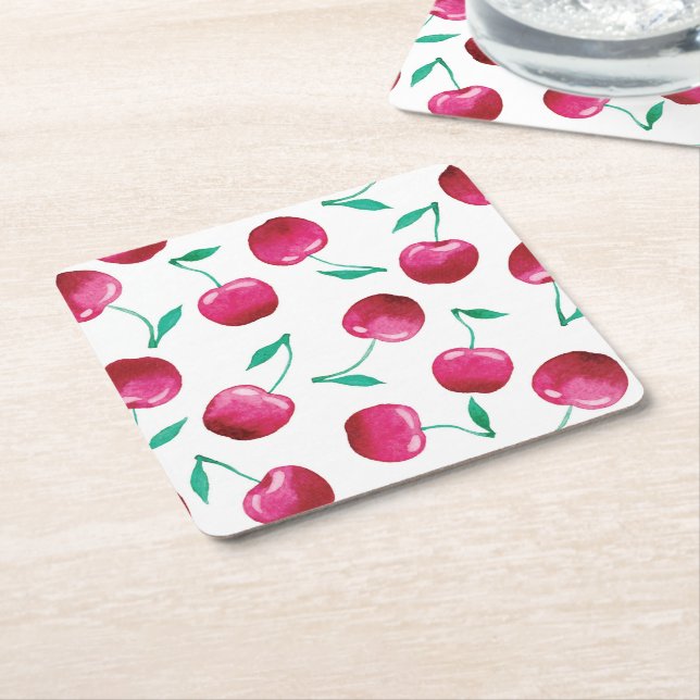 Watercolor Cherry Pattern Square Paper Coaster (Angled)