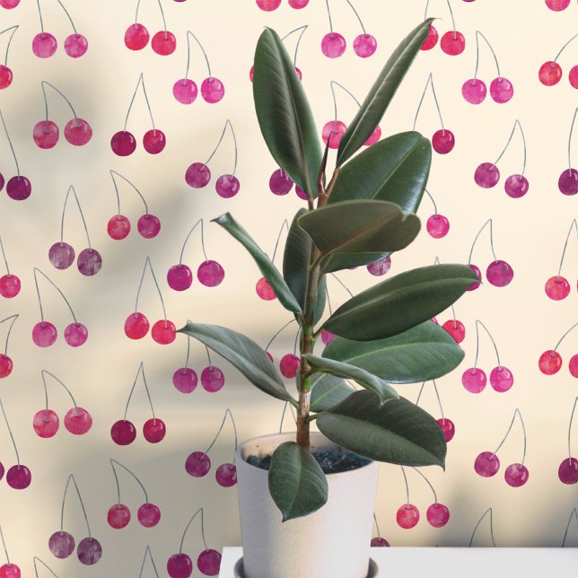 Watercolor Cherry Pattern Wallpaper (Sweet watercolor cherry pattern art wallpaper In cream)