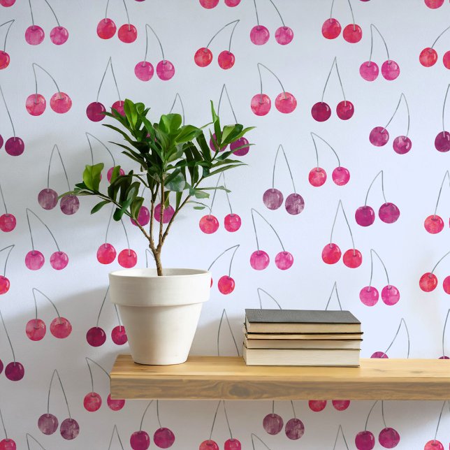 Watercolor Cherry Pattern Wallpaper (Sweet watercolor cherry pattern art wallpaper In blue)