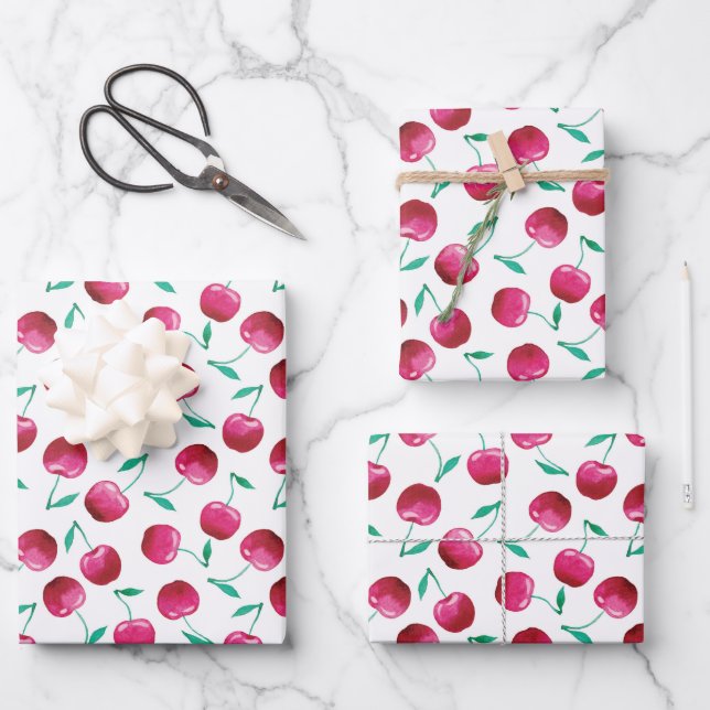 Watercolor Cherry Pattern Wrapping Paper Sheet (Front)