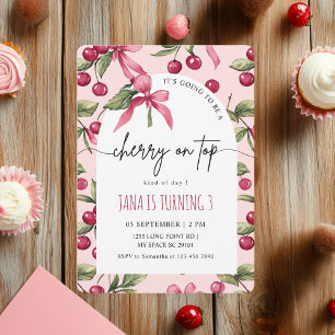 Watercolor Cherry Red & Pink Kids Birthday Invitation