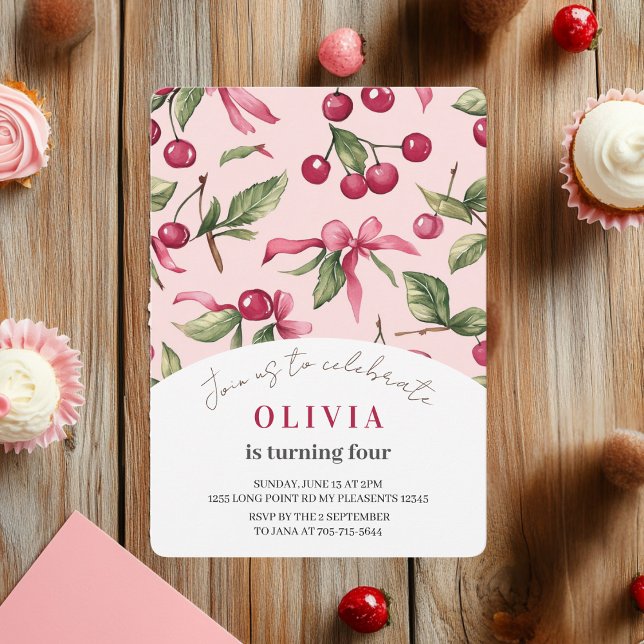 Watercolor Cherry Red & Pink Kids Birthday Invitation (Creator Uploaded)