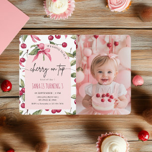 Watercolor Cherry Red & Pink Photo Birthday Invitation