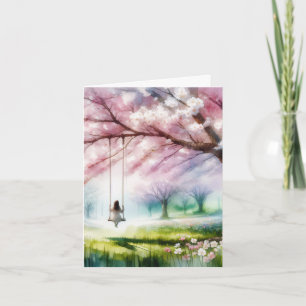 Watercolor Cherry Tree With Girl On a Swing Card