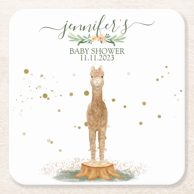 Watercolor Chic Alpaca Baby Square Paper Coaster (Front)