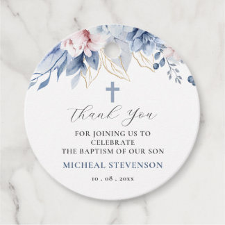 Watercolor Chic Baby Blue Floral Baptism Thank You Favour Tags