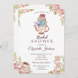 Watercolor Chic Flowers Teapot Bridal Shower Invitation