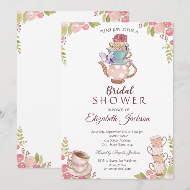 Watercolor Chic Flowers Teapot Bridal Shower  Invitation (Front/Back)