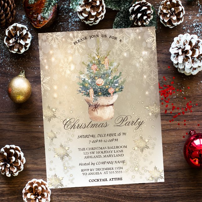 Watercolor Chic Pine Tree Snowflakes Gold  Invitation (Creator Uploaded)
