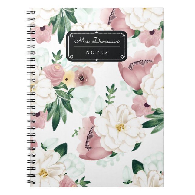 Watercolor Chic Romantic Flowers Personalised Spiral Notebook (Front)