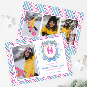 Watercolor Chic Ski Monogram Crest Holiday Card
