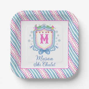 Watercolor Chic Ski Monogram Crest Paper Plate