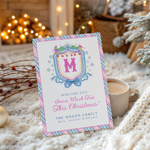 Watercolor Chic Ski Monogram Crest Party Holiday Card