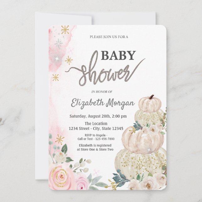 Watercolor Chic White Pumpkins Flowers Baby Shower Invitation (Front)