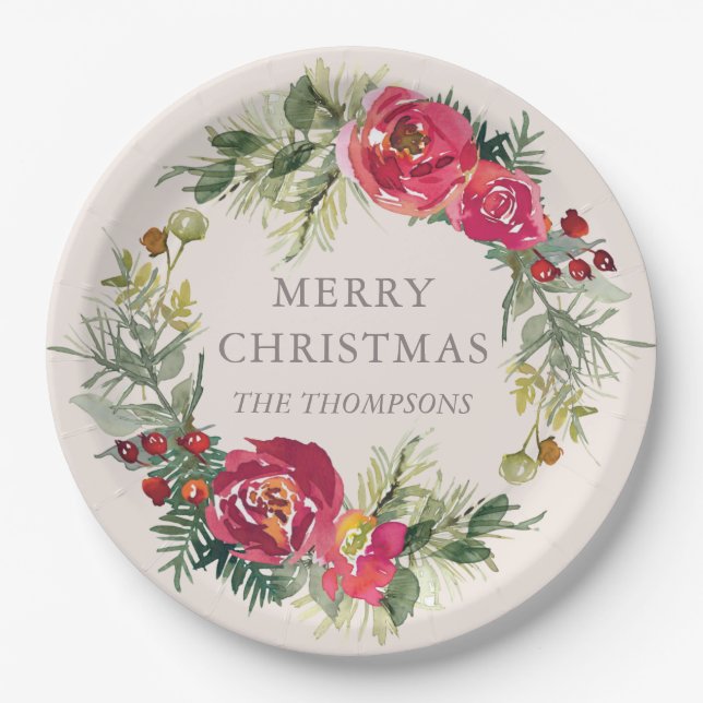 Watercolor Chic Winter Floral Personalised Name Paper Plate (Front)