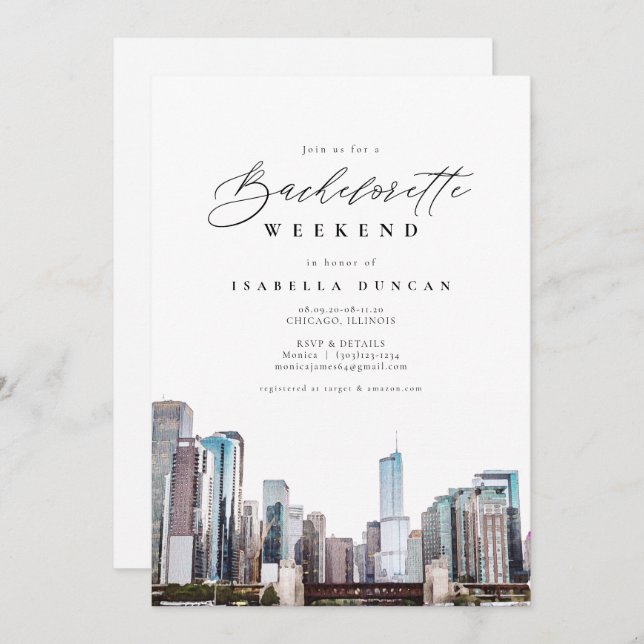 Watercolor Chicago Bachelorette Itinerary and Invitation (Front/Back)