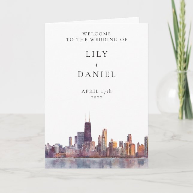 Watercolor Chicago Elegant Wedding Programme (Front)