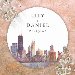 Watercolor Chicago Skyline Destination Wedding Classic Round Sticker