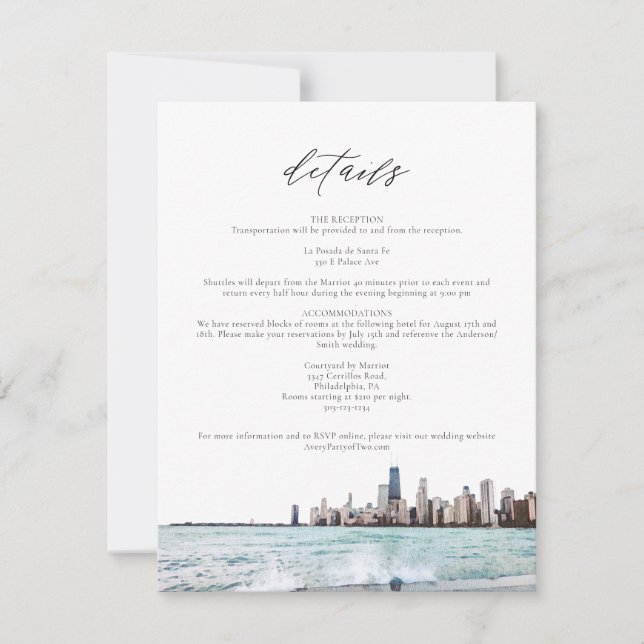 Watercolor Chicago Skyline Wedding Details Card (Front)