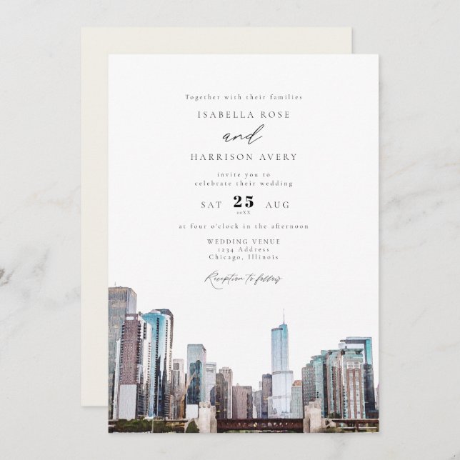 Watercolor Chicago Skyline Wedding Invitation (Front/Back)