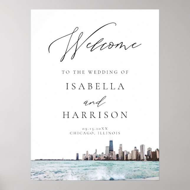 Watercolor Chicago Skyline Wedding Welcome Poster (Front)