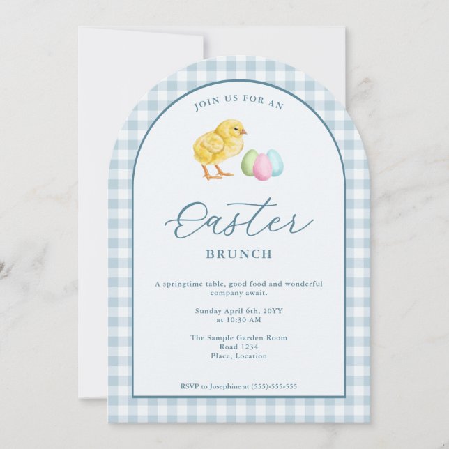 Watercolor Chick And Eggs Blue Easter Brunch Invitation (Front)