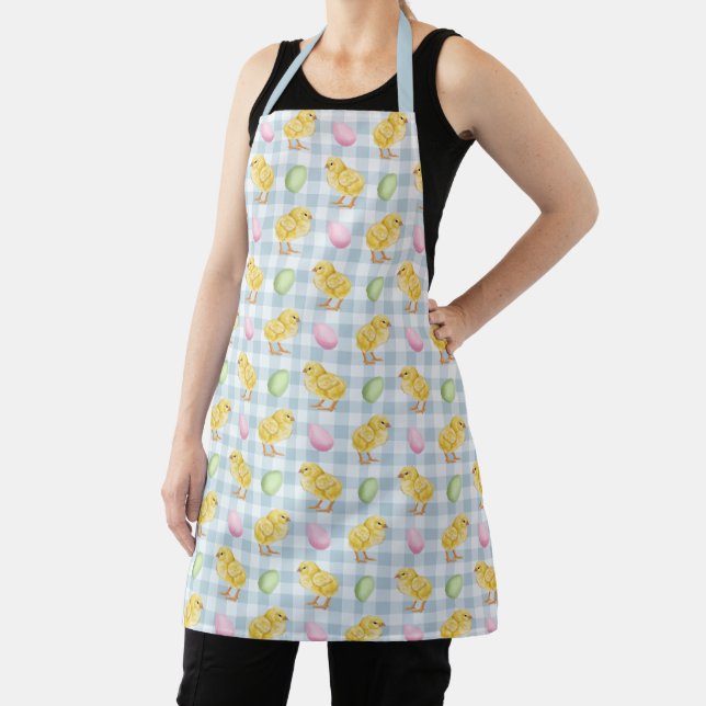Watercolor Chick And Eggs On Blue Gingham Pattern Apron (Insitu)