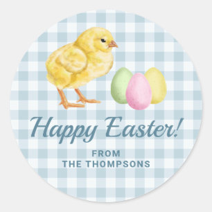 Watercolor Chick And Eggs On Blue Gingham Pattern Classic Round Sticker