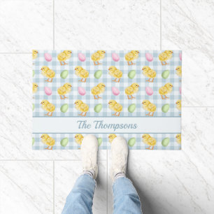 Watercolor Chick And Eggs On Blue Gingham Pattern Doormat