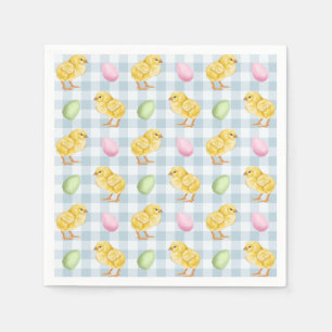Watercolor Chick And Eggs On Blue Gingham Pattern Napkin