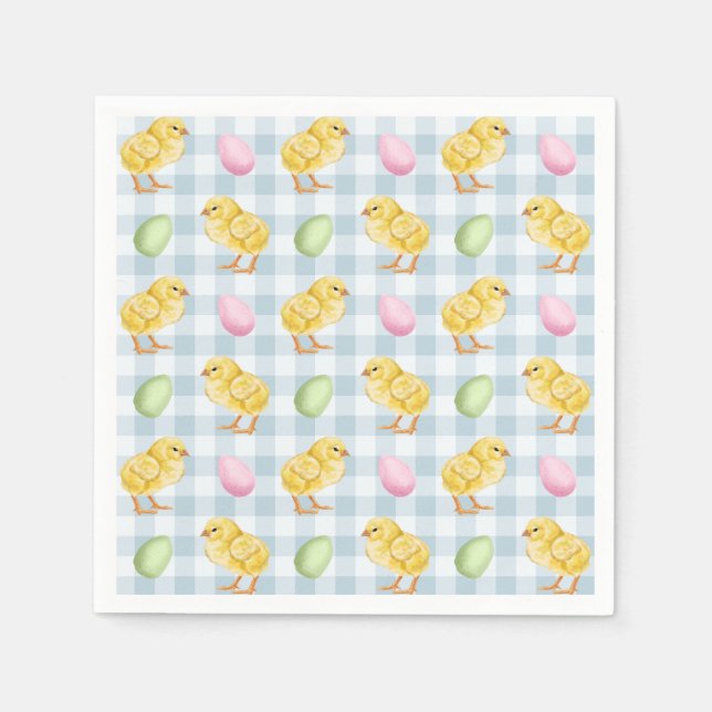 Watercolor Chick And Eggs On Blue Gingham Pattern Napkin (Front)